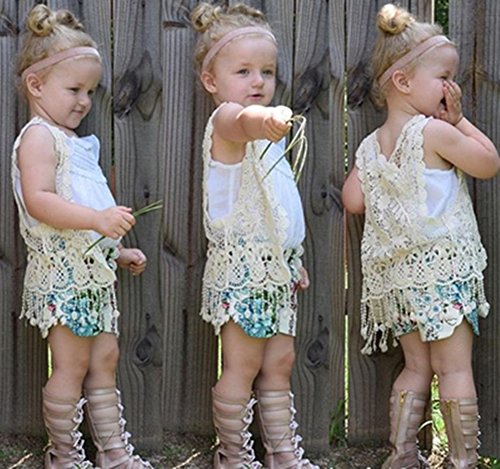 SMILING PINKER Little Girl's Crochet Vest with Fringe V neck Sleeveless Cardigan Open Front (Beige, Small)