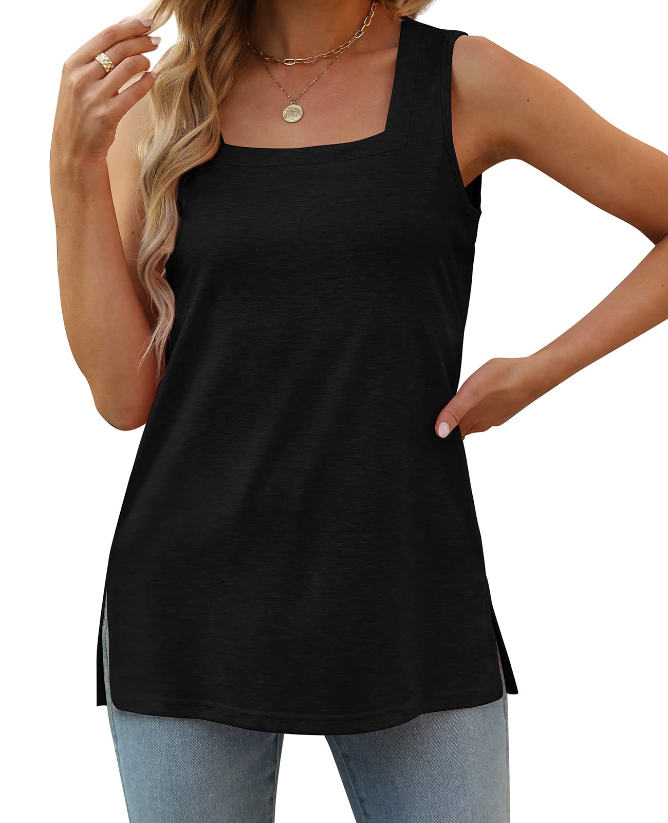 Womens Tank Tops Summer Loose Fit Flowy Square Neck Side Split Sleeveless Black L