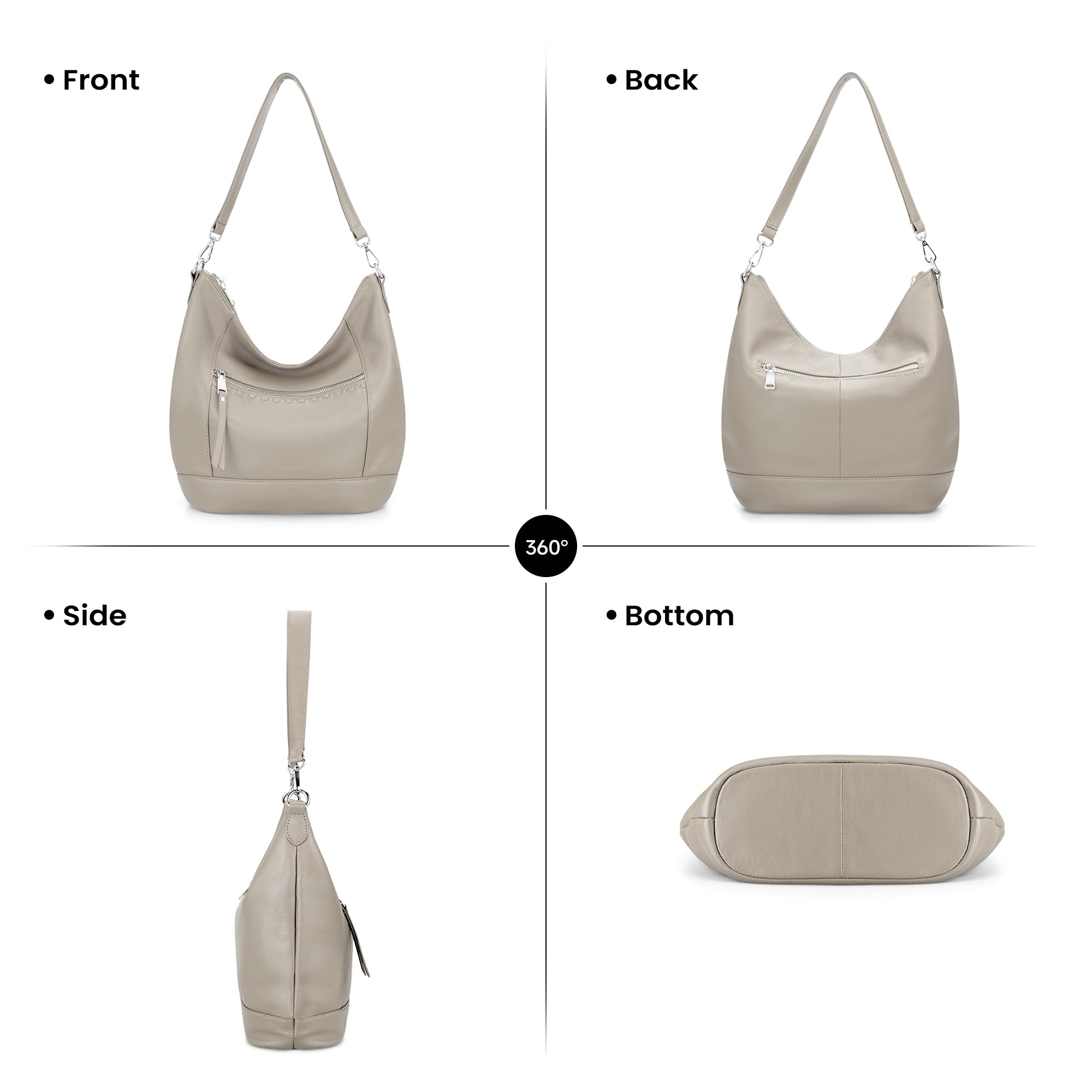befen Soft Shoulder Bags for Women Genuine, Medium Leather Purses for Women, Ladies 100 Percent Leather Purse, Lightweight Shoulder Handbags Beige Grey