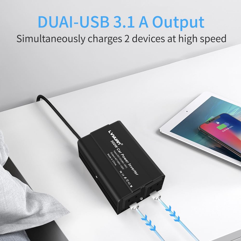 LVYUAN 500W Power Inverter for Vehicles DC 12V to 110V AC Car Plug Adapter Outlet Converter with 3.1A Dual USB Car Charger for Laptop Computer Black
