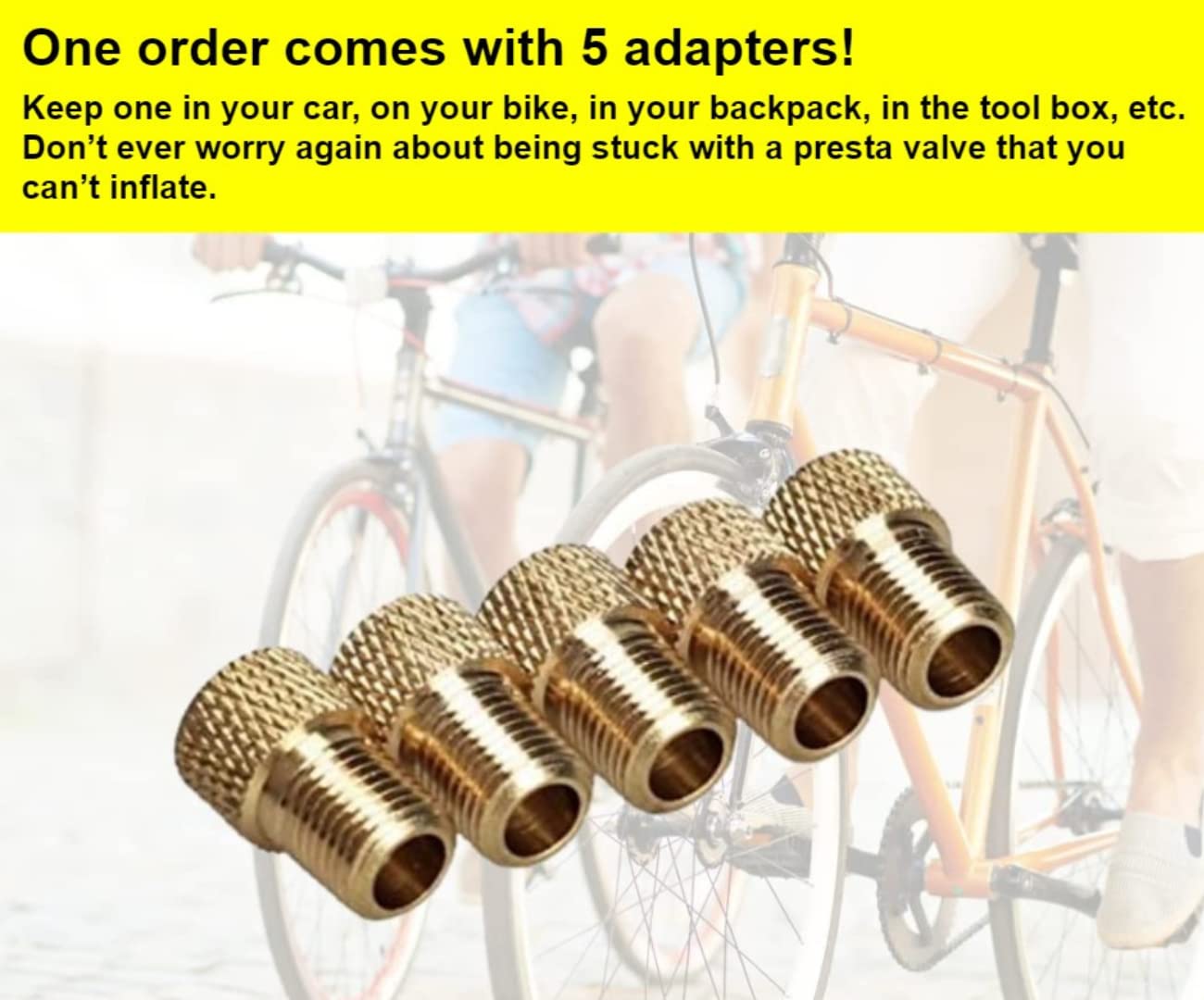 Presta to Schrader Valve Adapter for Bike, Inflate Presta Valve Tire with Air Compressor or Regular Bike Pump Brass, 5 Pieces
