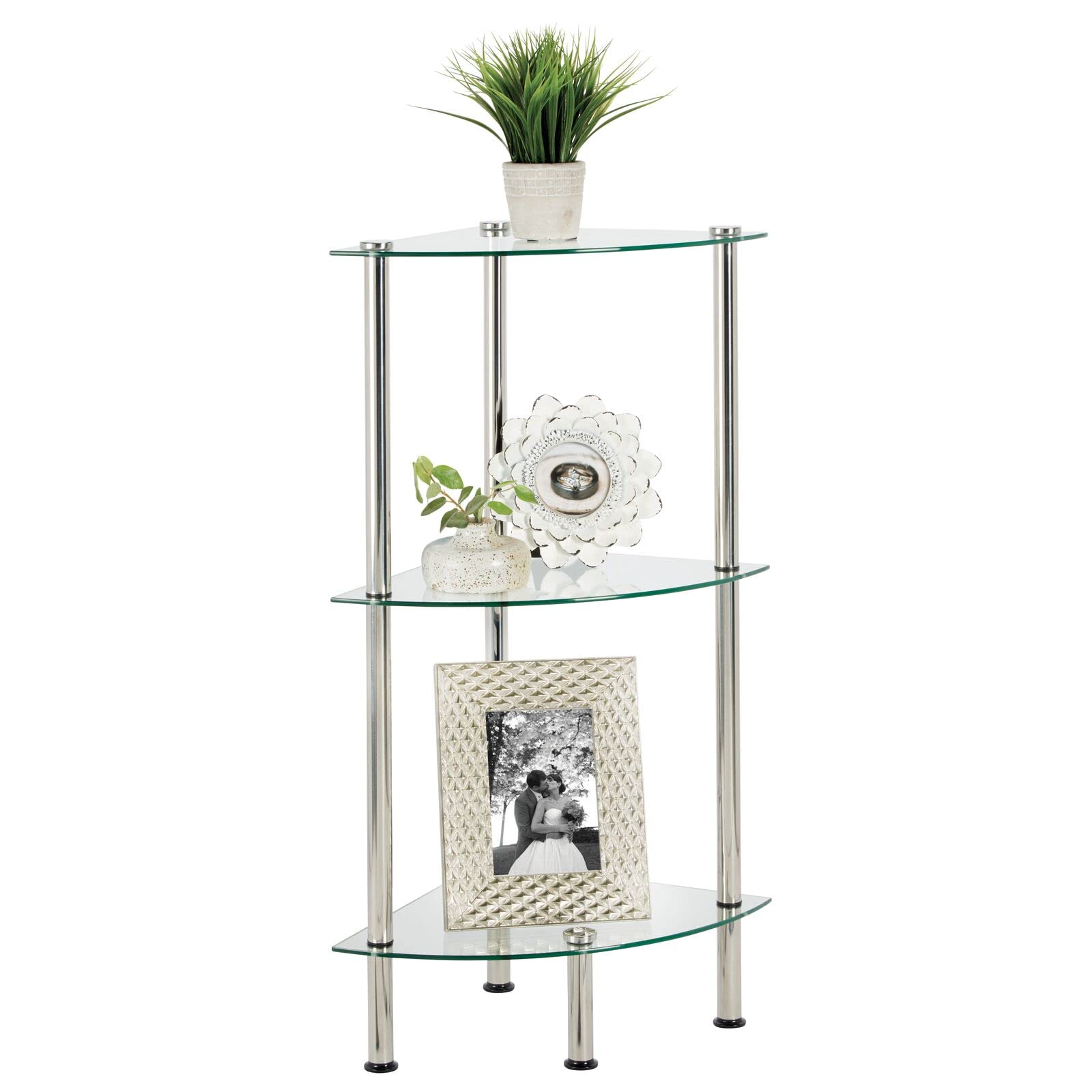 mDesign Modern Glass Corner 3-Tier Storage Organizer Tower Cabinet with Open Shelves - Household Furniture for Bathroom, Office, Bedroom, Living Room - Holds Books, Plants, Candles - Chrome/Clear