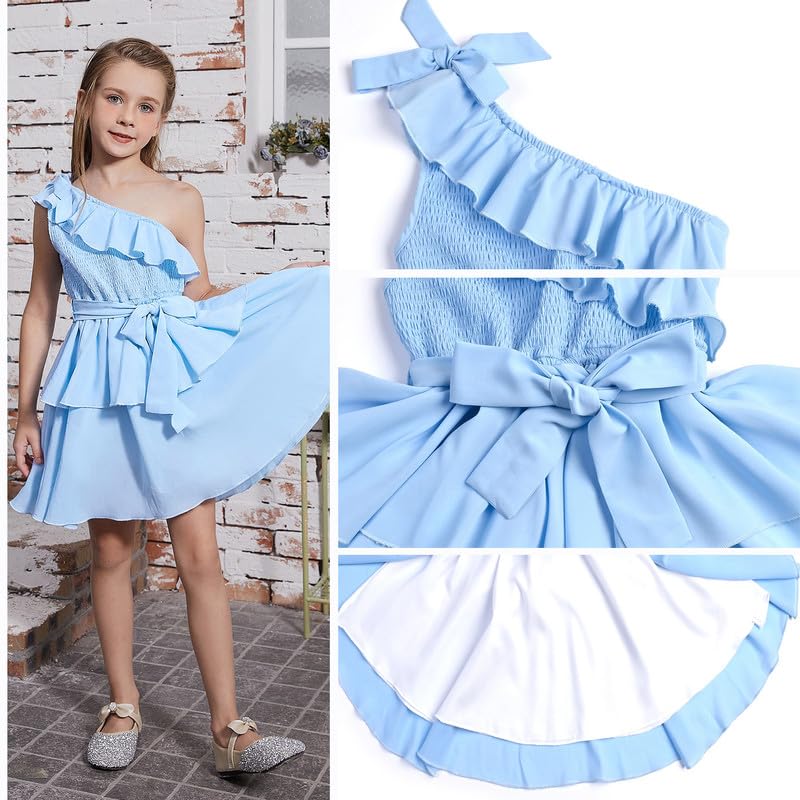 CHILDRENSTAR Girls Chiffon Dress Ruffles Smocked Sleeveless Blue Tiered Flowy Dresses,Size 4t 5t