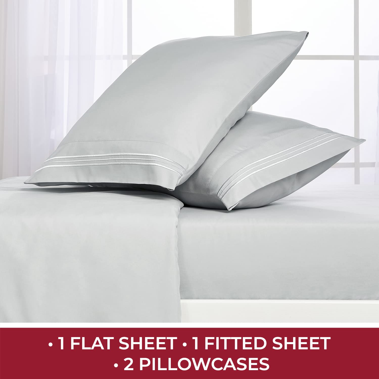 Mellanni Bed Sheet Set + 2 Pillow Shams Bundle&Save - Hotel Luxury Bedding Sheets & Pillowcases - Bundle Includes: 4pcs Bed Sheet Set and 2 Pillow Shams with 2" Flange (Queen/Standard, Light Gray)