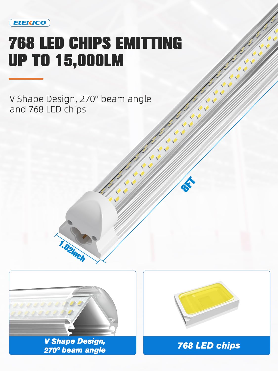 ELEKICO 8FT LED Shop Light, Super Bright 100W Shop Lights, 15000LM 5000K 8 Foot Led Lights, Linkable 96" LED Shop Lights Lighting for Garage with Plug, V Shape T8 8' Led Light Fixtures 10 Pack