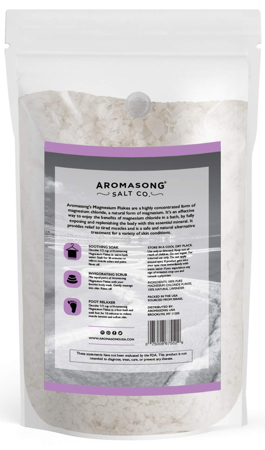 Aromasong Magnesium Flakes from The Dead Sea, 12 LB Resealable Pack with 3 LB Magnesium Flakes with 100% Natural Lavender for Leg Discomfort, Stress and Headaches