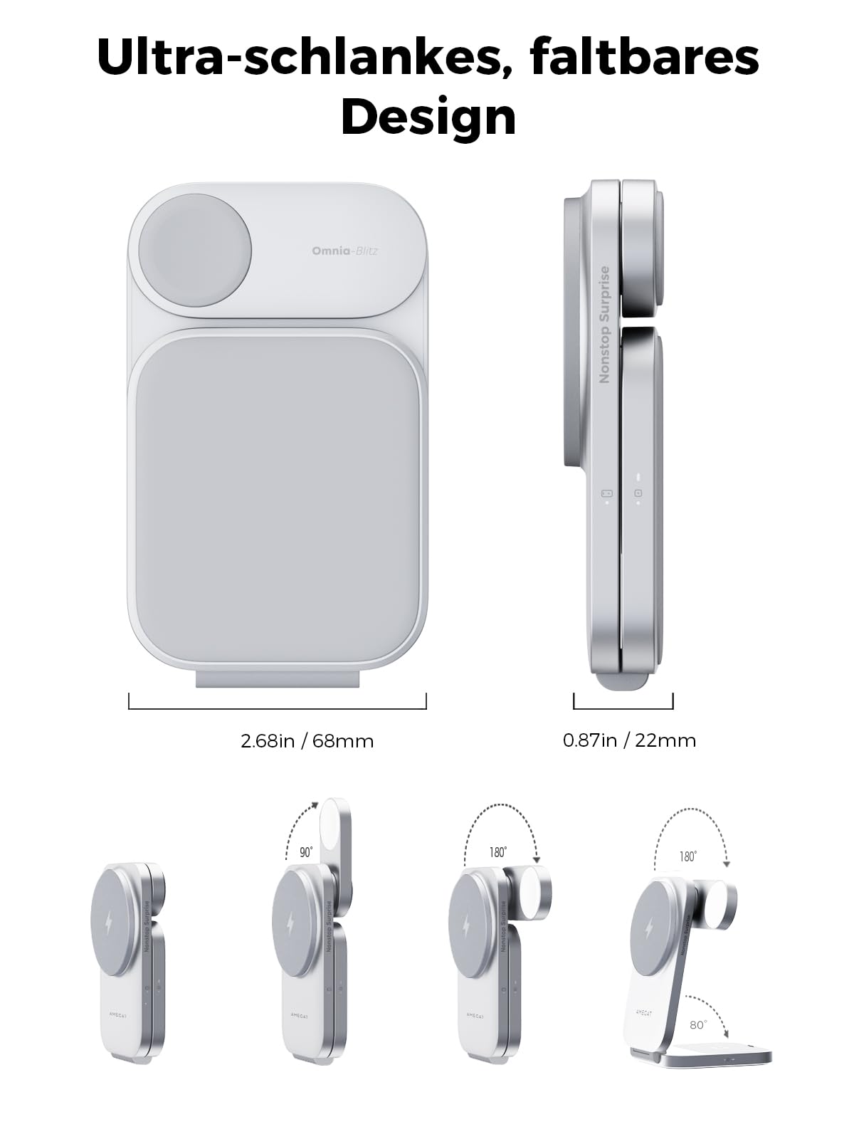 AMEGAT MagFusion Z 3-in-1 MagSafe-Compatible Charging Station, Qi2 Certified 15W Wireless Foldable Charger, for iPhone 16/15/14/13/12, AirPods 4/3/2/Pro, Apple Watch Charger, Silver