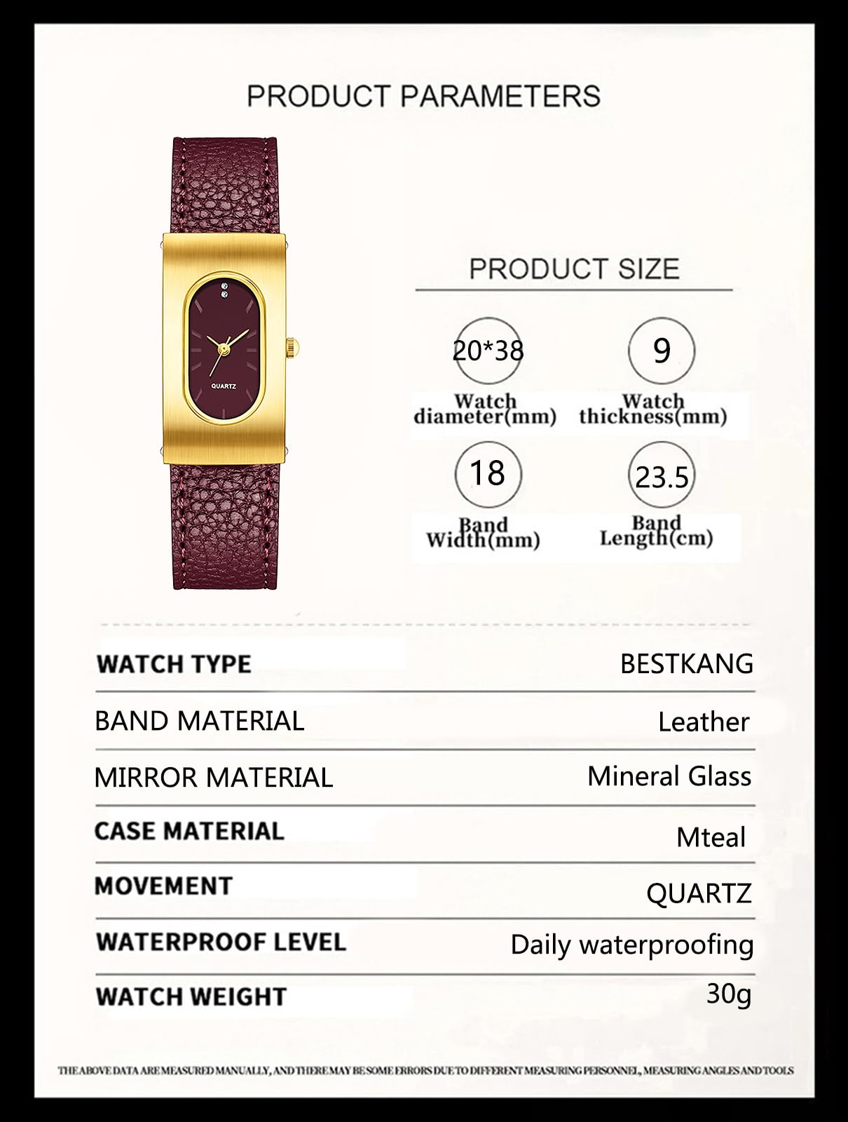 BESTKANG Vintage Women's Watch Leather Oval Rectangle Gold Luxurious Ladies Wristwatch Elegant Watches for Women (Red Gold)