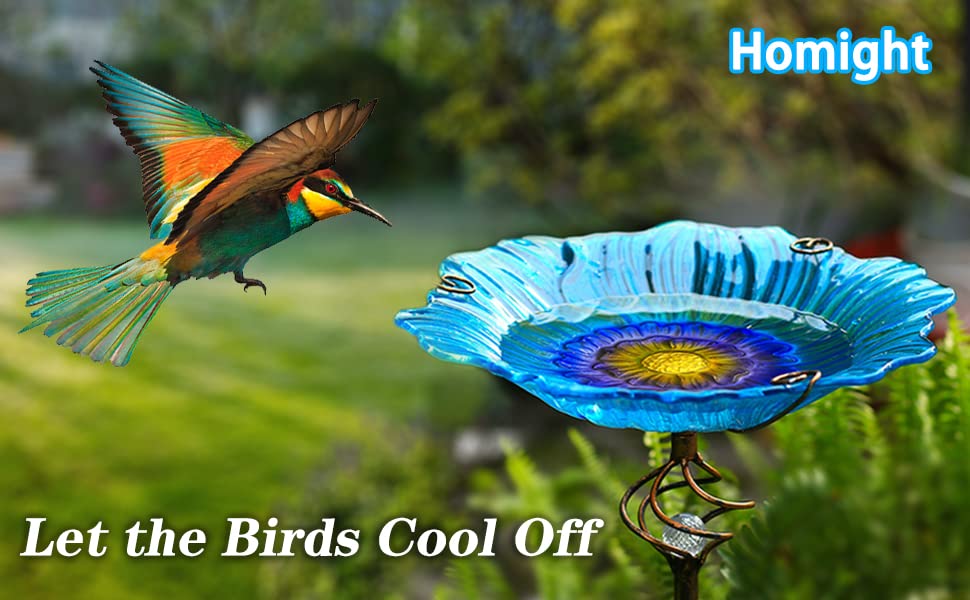 Homight Solar Glass Blue Bird Bath, Yard Art,Garden Outdoor Birdbath with Metal Stake with White LED Light Metal Stake Garden Decor Gifts