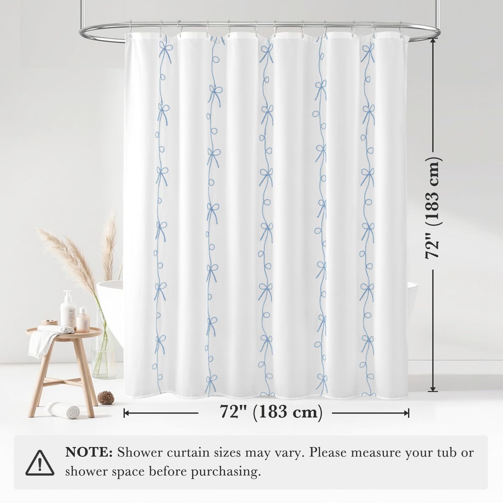 Seasonwood Blue Bow Shower Curtain Cute Fabric Shower Curtain 72 x 72 Inches, Aesthetic Embroidered Textured Shower Curtains Elegant Pretty Bathroom Decor