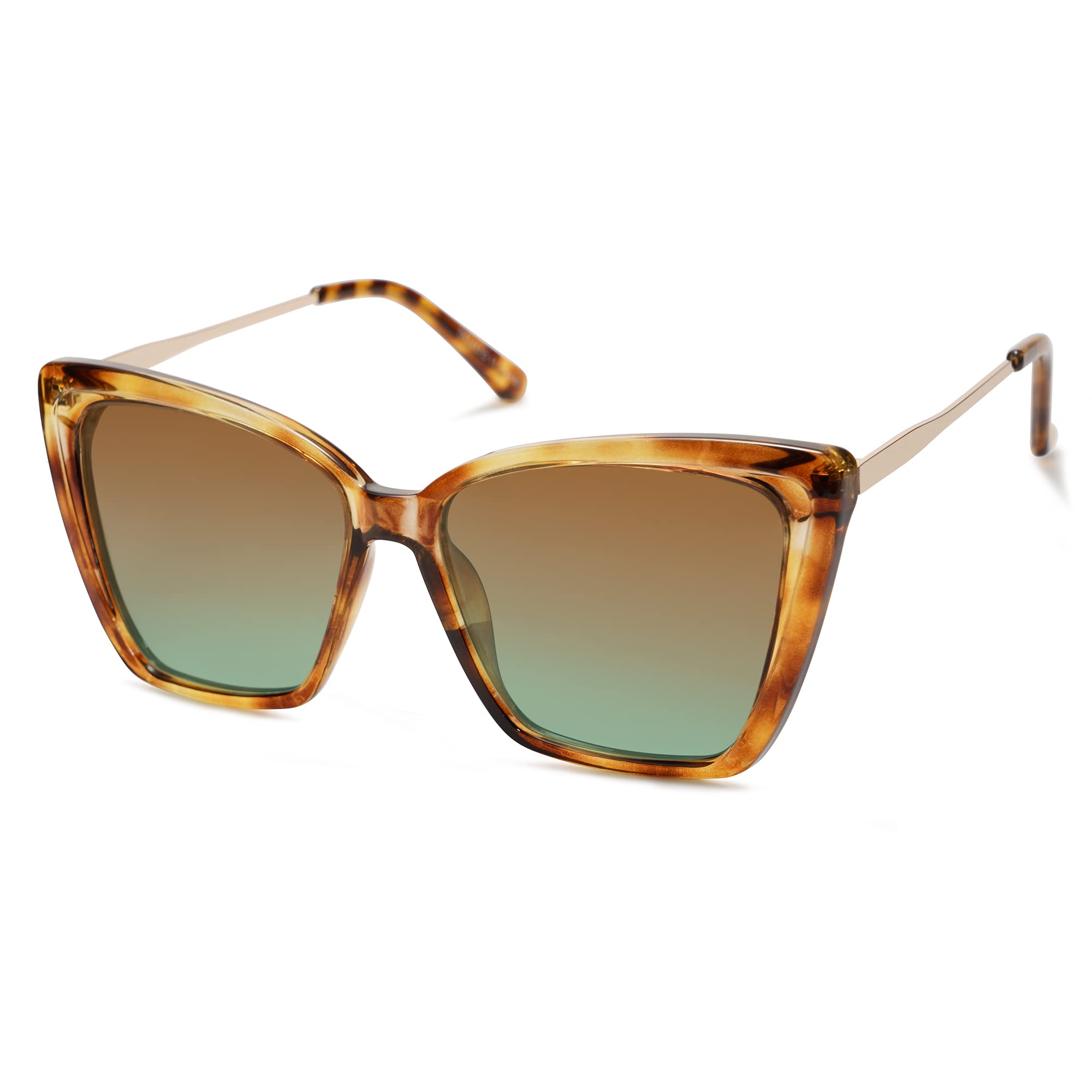 SOJOS Trendy Polarized Sunglasses For Women Retro Womens Oversized Square Cat Eye Sun Glasses UV Protection SJ2206 Yellow Tortoise Frame/Brown Grading Green Lens