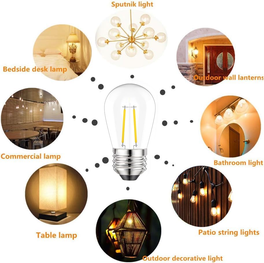 Svater 15 Pack 2W S14 Replacement LED Bulbs for Outdoor String Light, Dimmable Plastic Vintage Edison Bulb Lights, E26 Base,IP65 Waterproof, Warm White 2700K