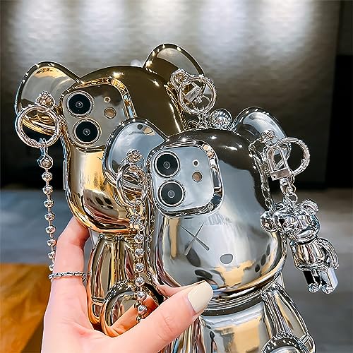 LANJINDENG Compatible with iPhone 12 Case Cute 3D Cartoon Gold Teddy Bear with Metal Chain Strap Bell Pendant Sparkle Bling Luxury Designer Soft Protection Cover for Women Girls