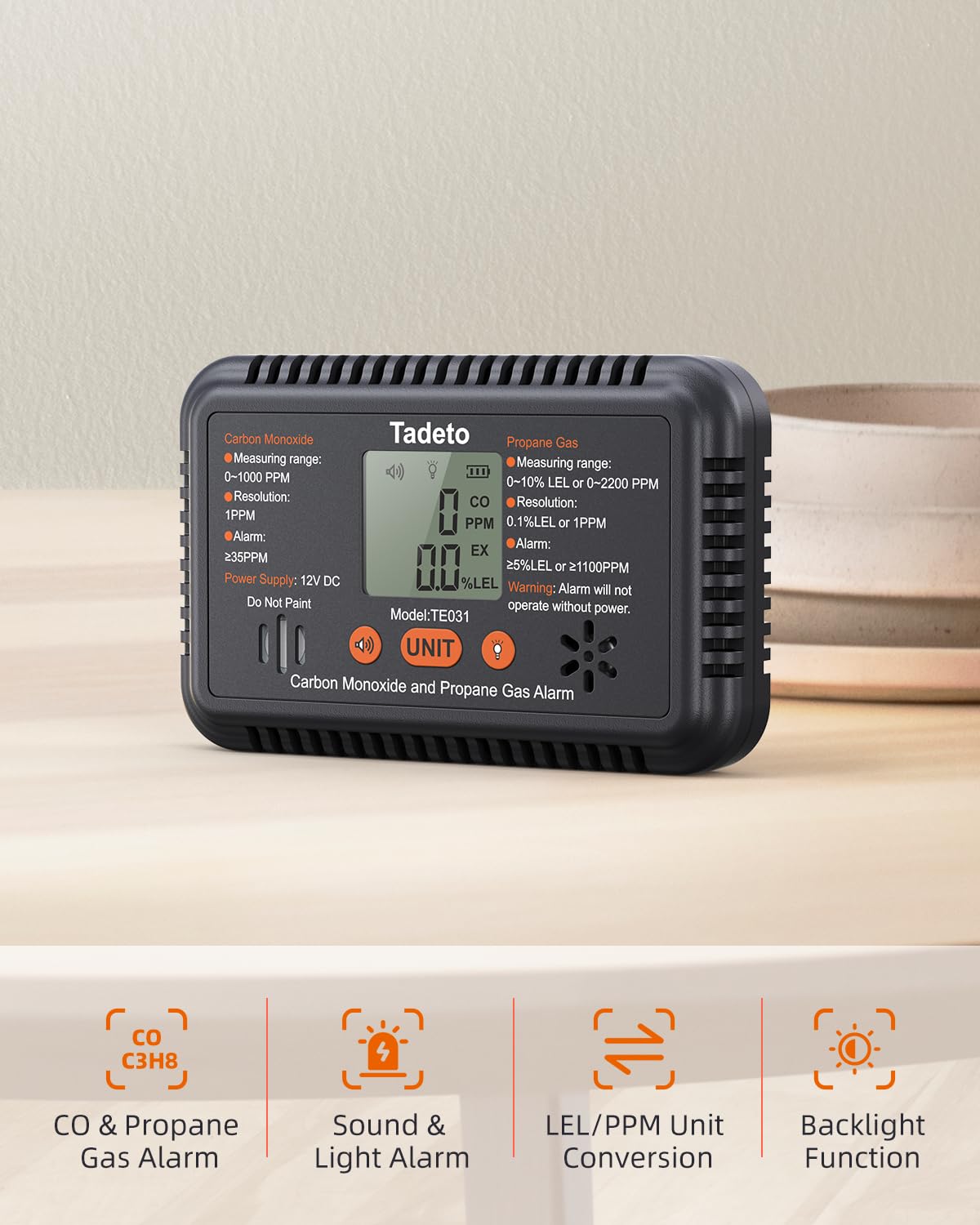 Tadeto RV Carbon Monoxide and Propane Gas Alarm, 12V DC CO/LPG Gas Leak Alarm with Light and Audible Indicator, RV Carbon Monoxide and Propane Gas Detector with Reset/Backlight for RV/Trailer/Camper