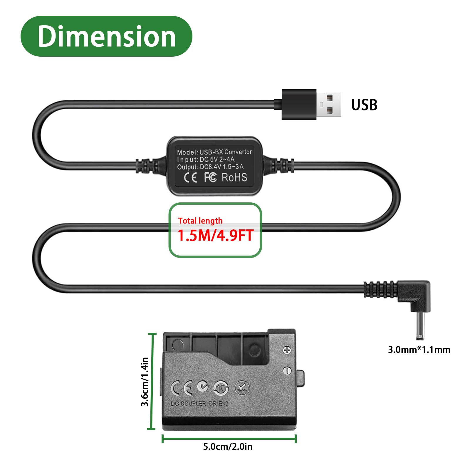 LP-E10 Dummy Battery USB Power Cord ACK-E10 Power Supply DR-E10 DC Coupler Kit for Canon EOS Rebel T7 T6 T5 T3 1100D 1200D 1300D 1500D 2000D, Kiss X50 X70 X80 X90 Cameras.