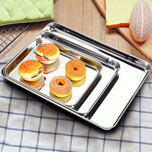 Cookie Sheet Baking Sheet Set of 3, Bastwe Commercial Grade Stainless Steel Baking Pan, Professional Bakeware Oven Tray, Healthy & Non-toxic, Rust Free & Mirror Finish, Easy Clean & Dishwasher Safe