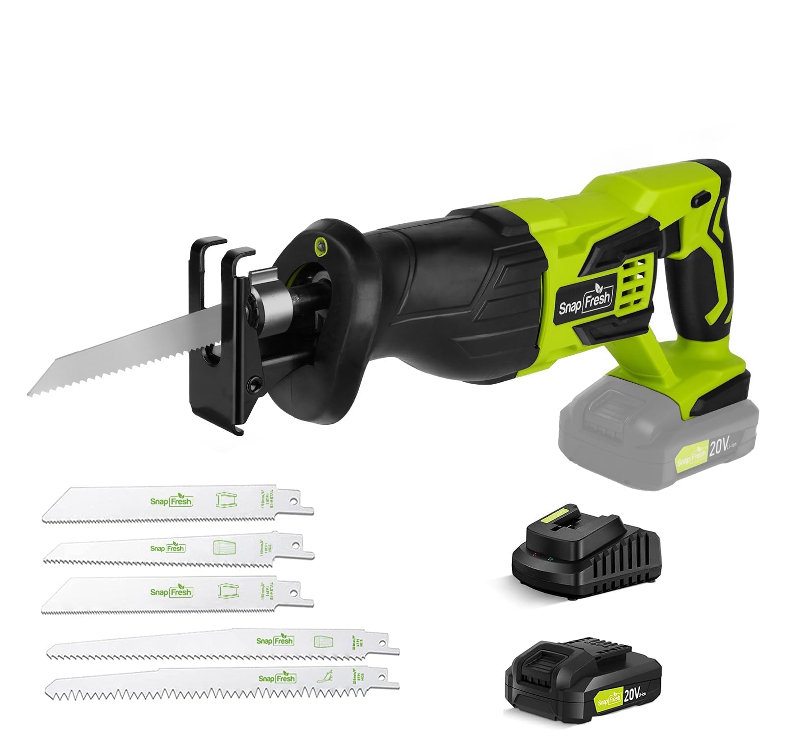 SnapFresh 20V Cordless Reciprocating Saw –3000 SPM, Variable Speed Trigger, Tool-Free Blade Change, LED Light, Lightweight & Compact for Wood, Metal, Plastic, 2.0Ah Battery & Fast Charger Included