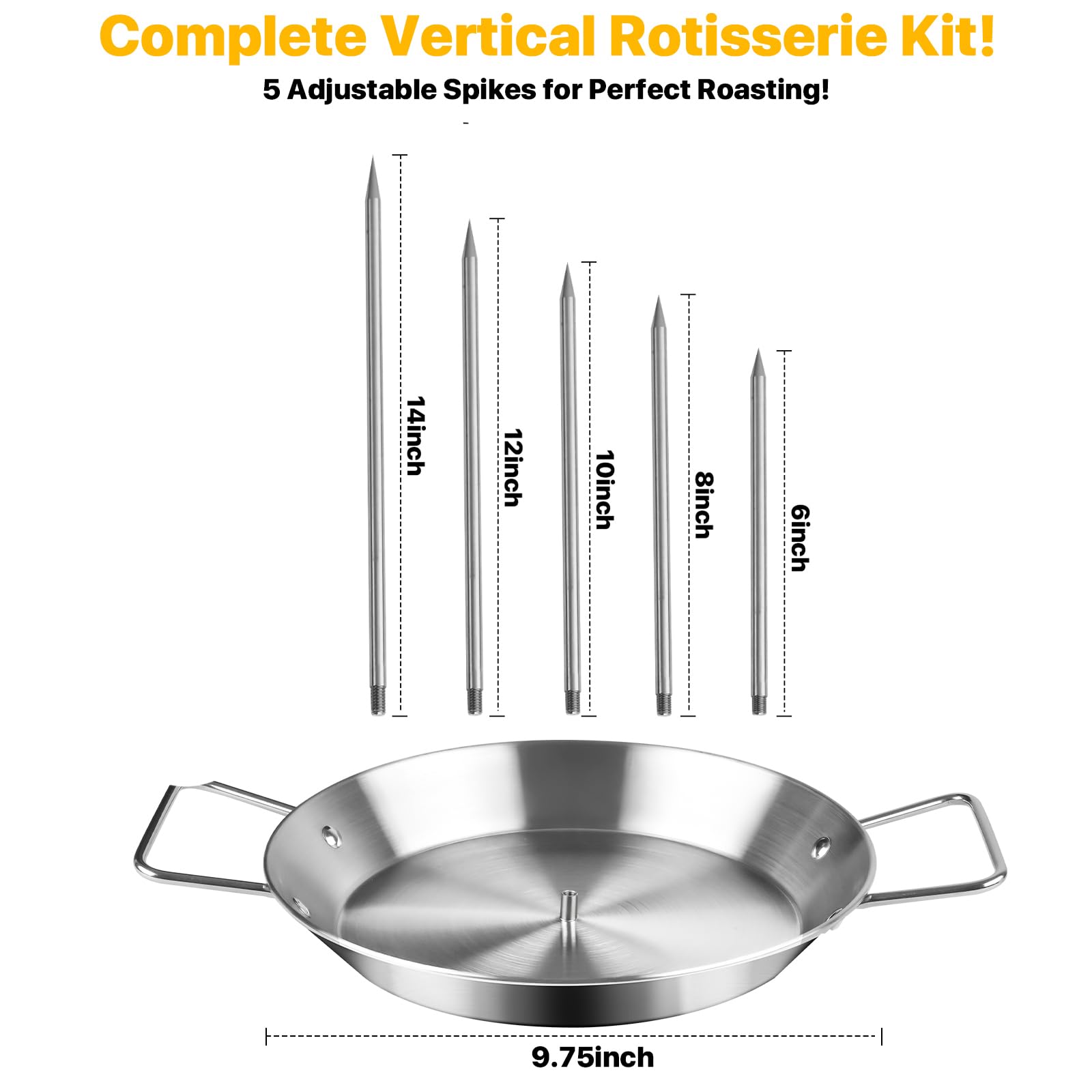 Vertical Skewer for Grill & Oven - Stainless Steel Al Pastor Skewer with Gyro Pan, 5 Adjustable Spikes (6"-14") - Shawarma Meat Stand for Tacos, Chicken Gyro, Doner Kebab - Fits Ovens, Smokers.