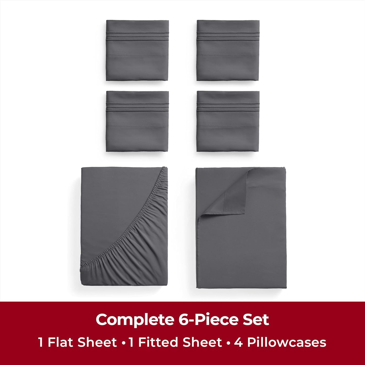 Mellanni 4PC Bed Sheet Set + 2 Pillowcases Bundle&Save - Iconic Collection Bedding - Bundle Includes: 1 Flat Sheets, 1 Fitted Sheet and 4 Pillow Cases (King, Gray)