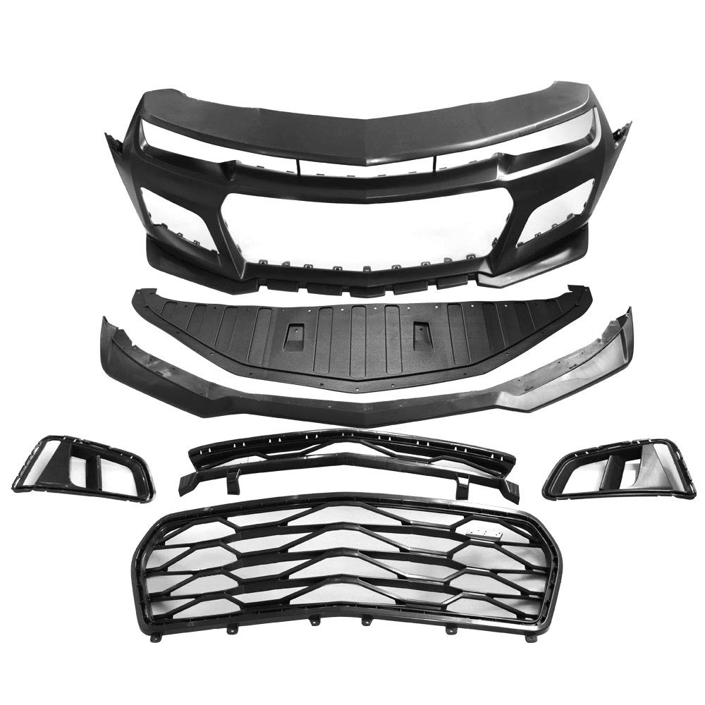 IKON MOTORSPORTS Front Bumper Compatible With 2014-2015 Chevy Camaro, ZL1 Style Black PP Cover with Grille + Bottom Lip + Air Duct + Under Body Panel