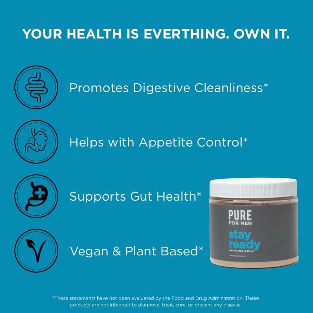 Pure for Men Original Cleanliness Stay Ready Fiber Supplement Powder | Helps Promote Digestive Regularity | Psyllium Husk, Aloe Vera, Chia Seeds, Flaxseeds | Proprietary Formula | 180 gm Vegan Blend