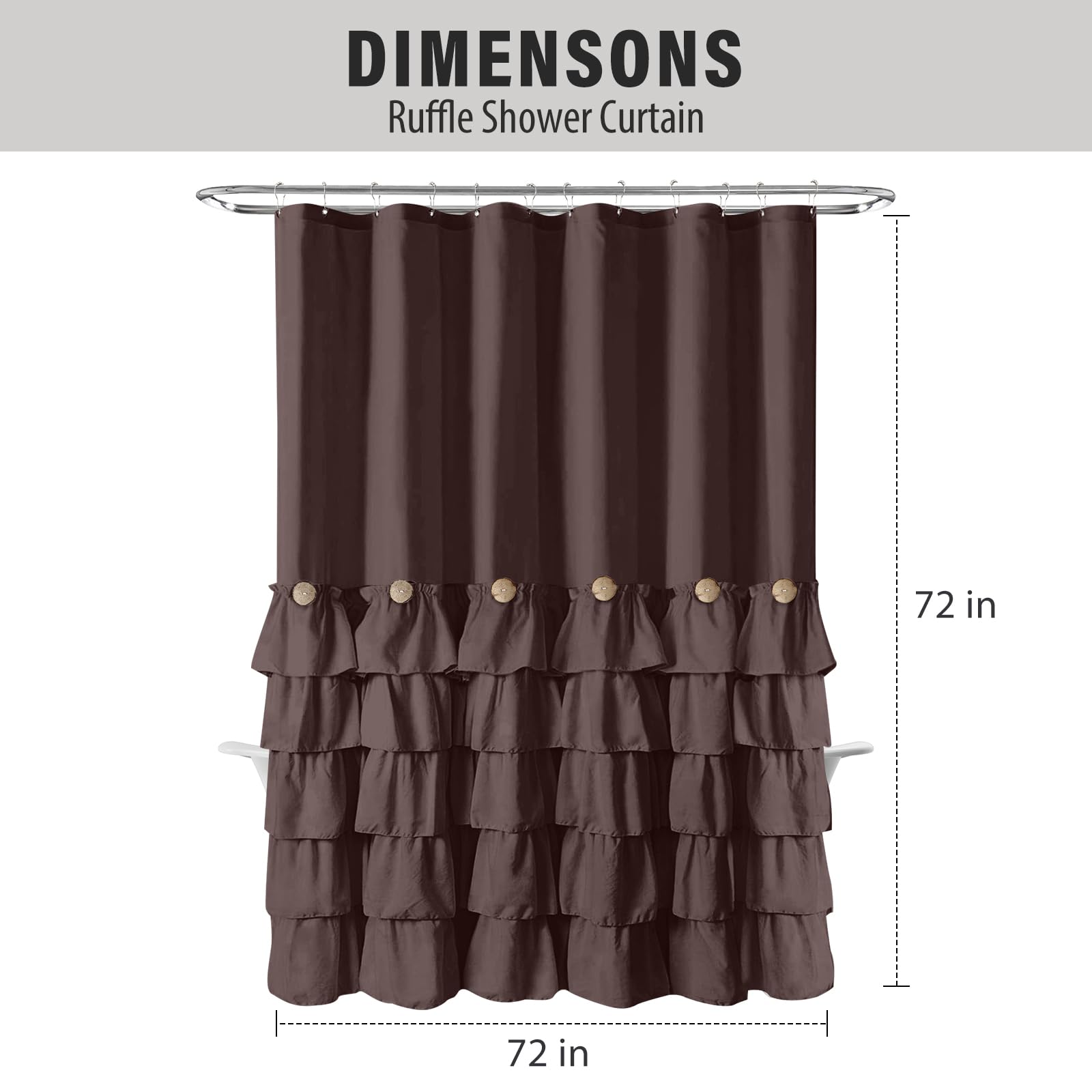 Seasonwood Brown Shower Curtains for Bathroom 72x72 Inch Dark Brown Ruffle Shower Curtain with Natural Buttons Farmhouse Style Microfiber Fabric Shower Curtains