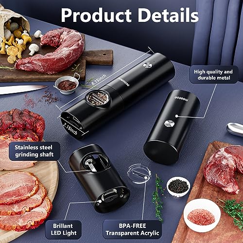 Electric Salt and Pepper Grinder Set with Rechargeable Base & LED Light - Upgraded Automatic Refillable Pepper Mill Shakers - Adjustable Coarseness, One-Hand Operation for Kitchen(2 Pack, Black&Black)