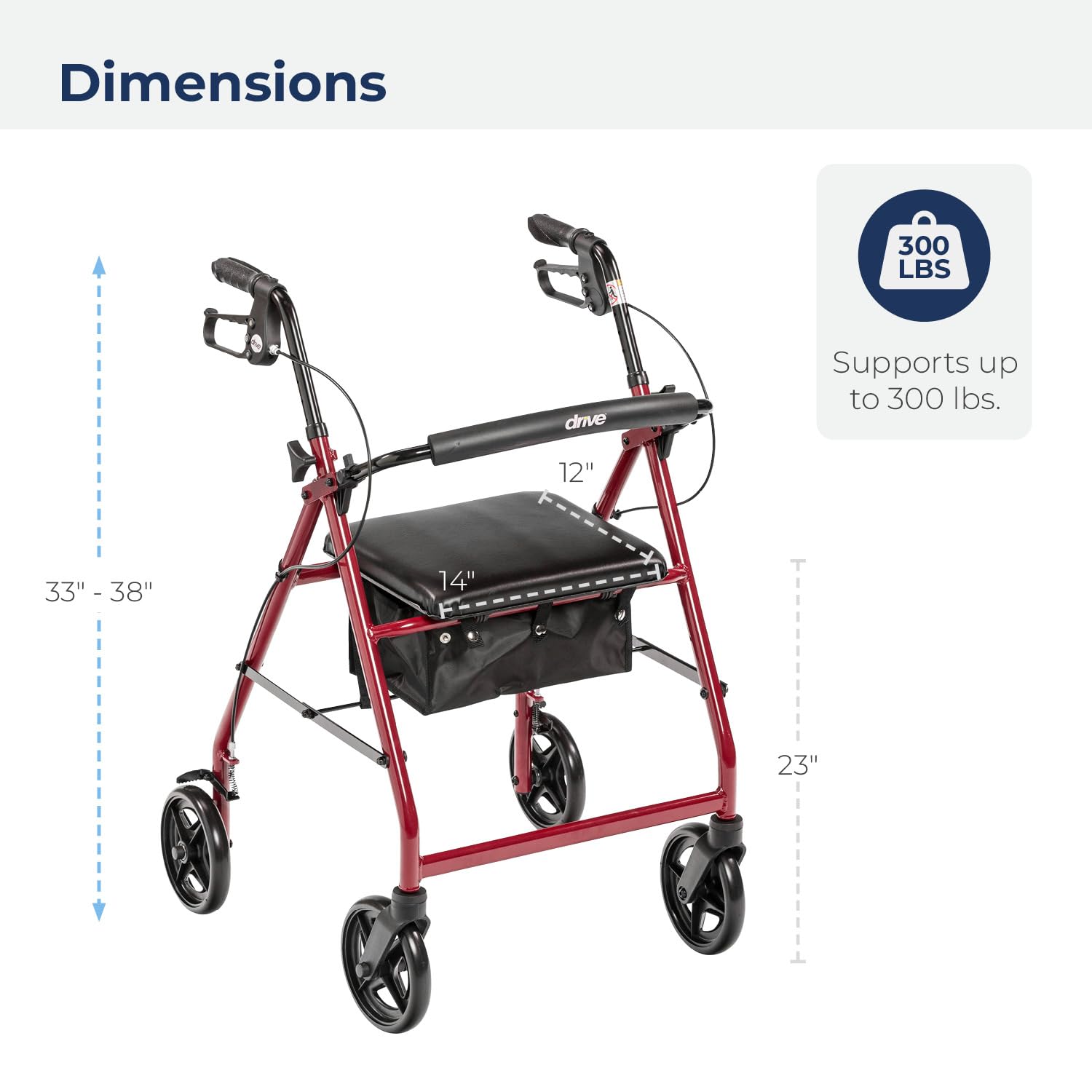 Drive Medical Aluminum Rollator Fold Up and Removable Back Support, Padded Seat with 7.5-Inch Casters, Red