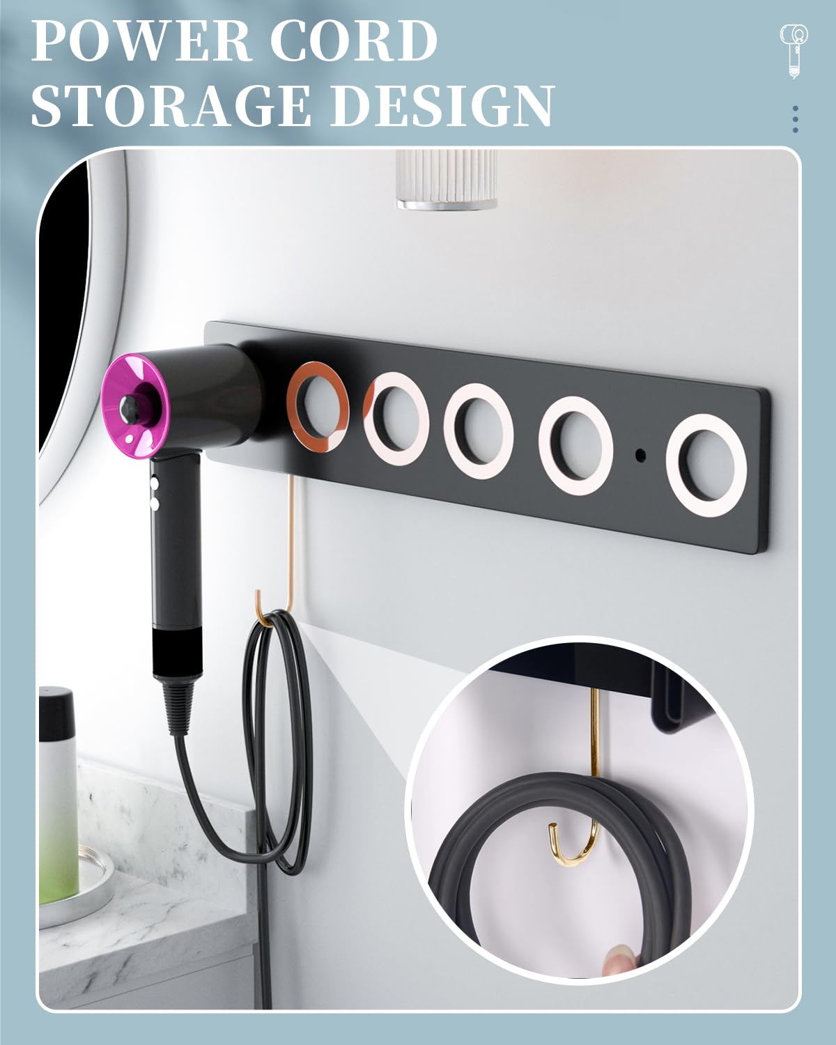 6-in-1 Magnetic Wall Mount for Dyson Supersonic Hair Dryers (HD15, HD08 and Previous Models), with 5 Magnetic Rings for The Accessories (Black)