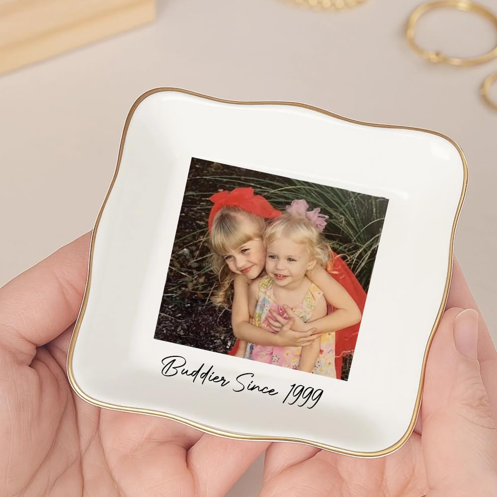 POPPOP Personalized Bestie Photo Jewelry Dish, Custom Ceramic Trinket Tray for Best Friend or Sister, Friendship Gift for Women, Birthday Christmas Keepsake for BFF