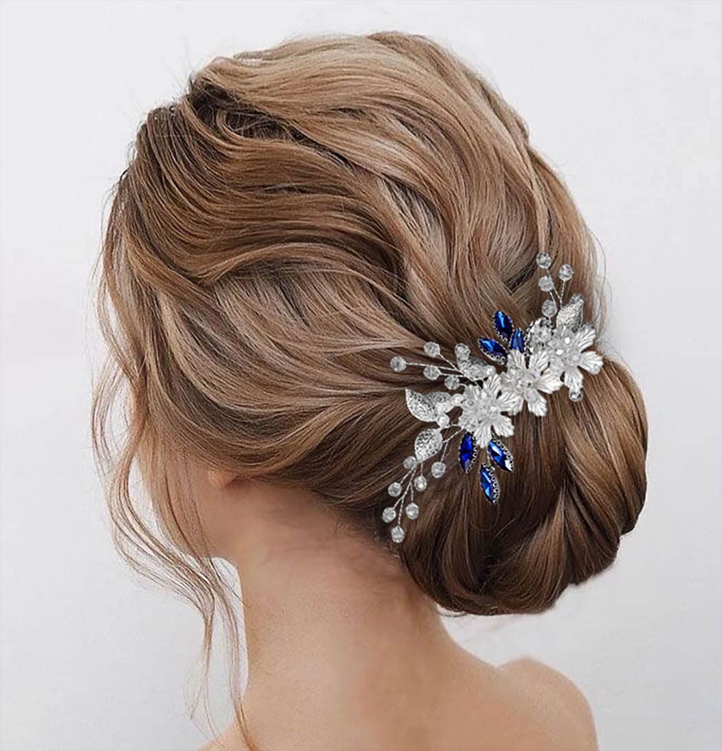 Jeairts Blue Rhinestone Wedding Hair Comb Silver Flower Bridal Hair Pieces Leaf Wedding Headpiece Hair Dress Crystal Bridal Hair Accessories for Women and Girls