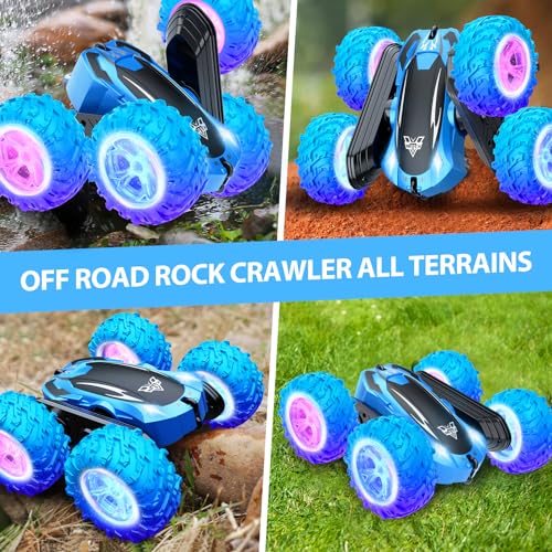 KKONES Remote Control car,2.4GHz Electric Race Stunt Car,Double Sided 360° Rolling Rotating Rotation, LED Headlights RC 4WD High Speed Off Road for 3 4 5 6 7 8-12 Year Old Boy Toys (Blue)