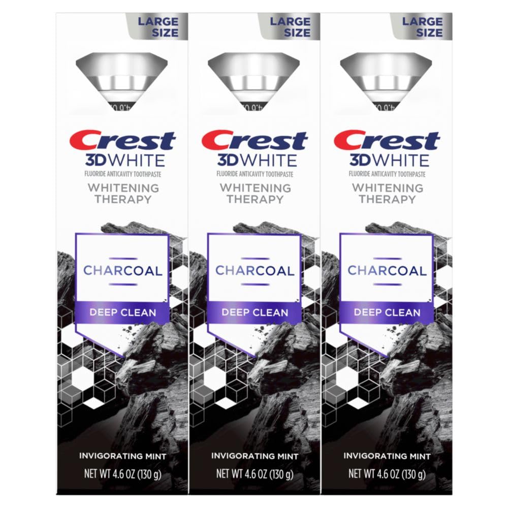 Crest 3D White Whitening Therapy Charcoal Deep Clean Invigorating Mint Teeth Whitening Toothpaste, 4.6 oz Pack of 3, Anticavity Fluoride Toothpaste, Gently Brightens Teeth, Strengthens Enamel