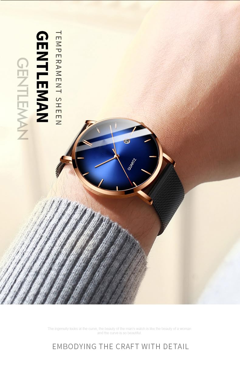 Men's Fashion Minimalist Wrist Watch Waterproof Watches Simple Ultra Thin Watches Analog Quartz Date with Stainless Steel Mesh Band (Rose Gold)