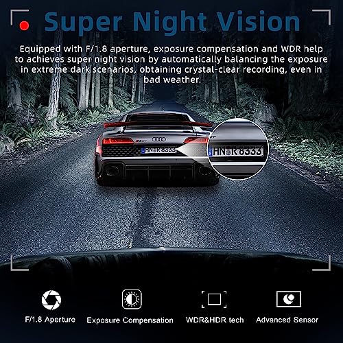 Dash Cam Front and Rear 2.5K+1080P FHD WiFi Dual Dash Camera for Cars, 170° Angle Dashboard Camera with 64G SD Card, App Control,3” IPS Screen,Night Vision,Parking Mode,G-Sensor,WDR,Loop Recording