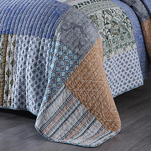 Autumn Dream Cotton Bedspread Quilt Sets Reversible Bedding Coverlet Sets Comforter, Bohemian Paisley Patchwork Blue Bedspread, Queen Size