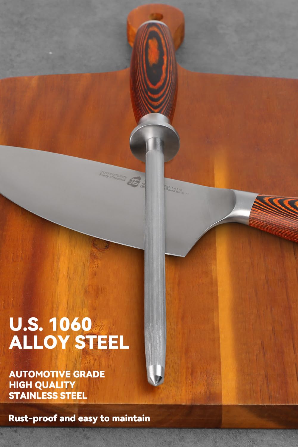 TUO Honing Steel for All Kitchen Knives Daily Sharpening Maintenance - High Carbon German Stainless Steel with Pakkawood Handle - 9-inch Sharpening Rod with Case - Fiery Phoenix Series