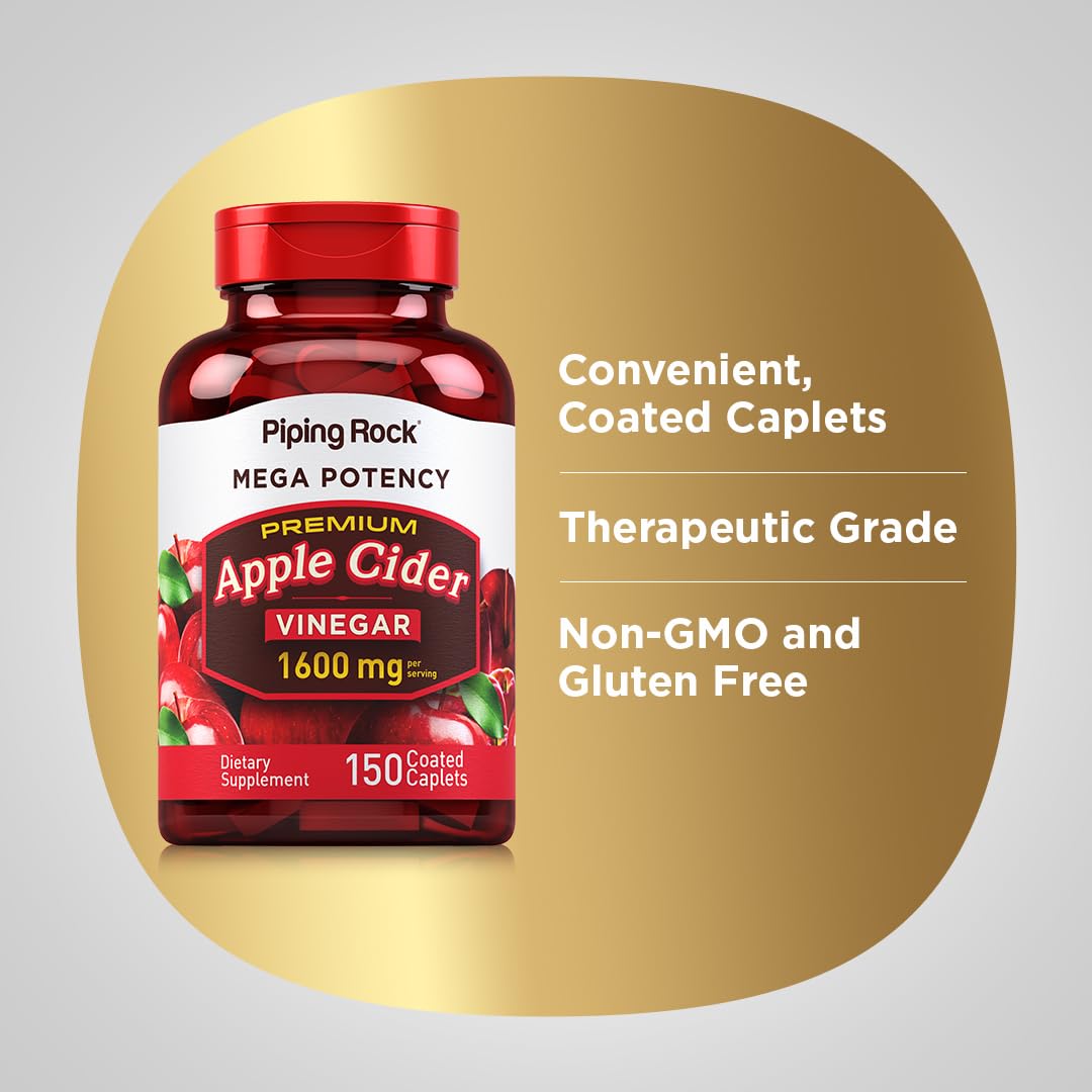Piping Rock Apple Cider Vinegar Caplet Capsules | 1600mg | 150 Pills | High Potency | Extra Strength ACV Supplement | Vegetarian, Non-GMO, Gluten Free