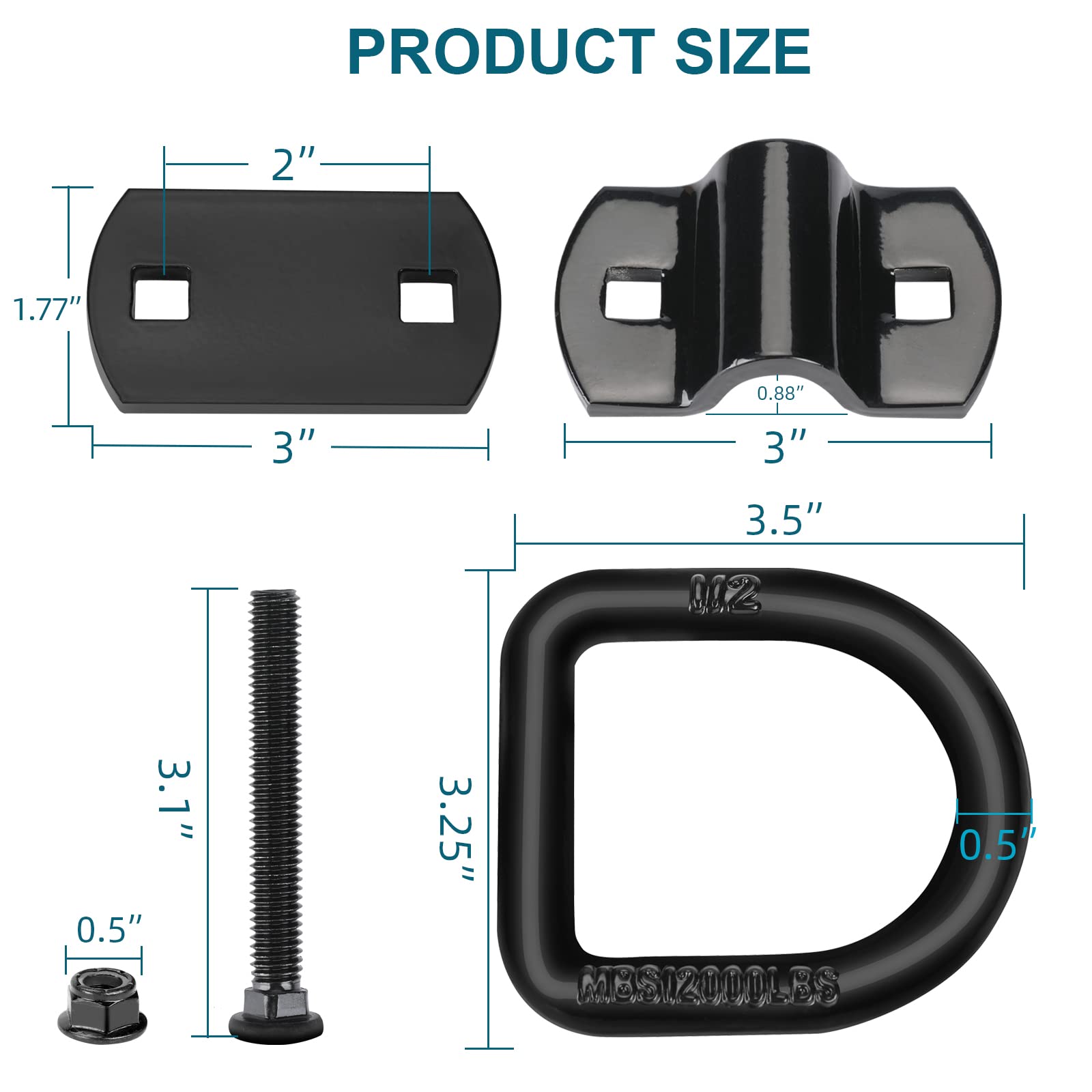 Eapele 1/2" Heavy Duty Bolt-On Forged D Ring Tie-Down Anchors, 12000Lbs Break Strength Anchor Hooks for Trailer Truck Cargo Tie Downs (Pack of 4)