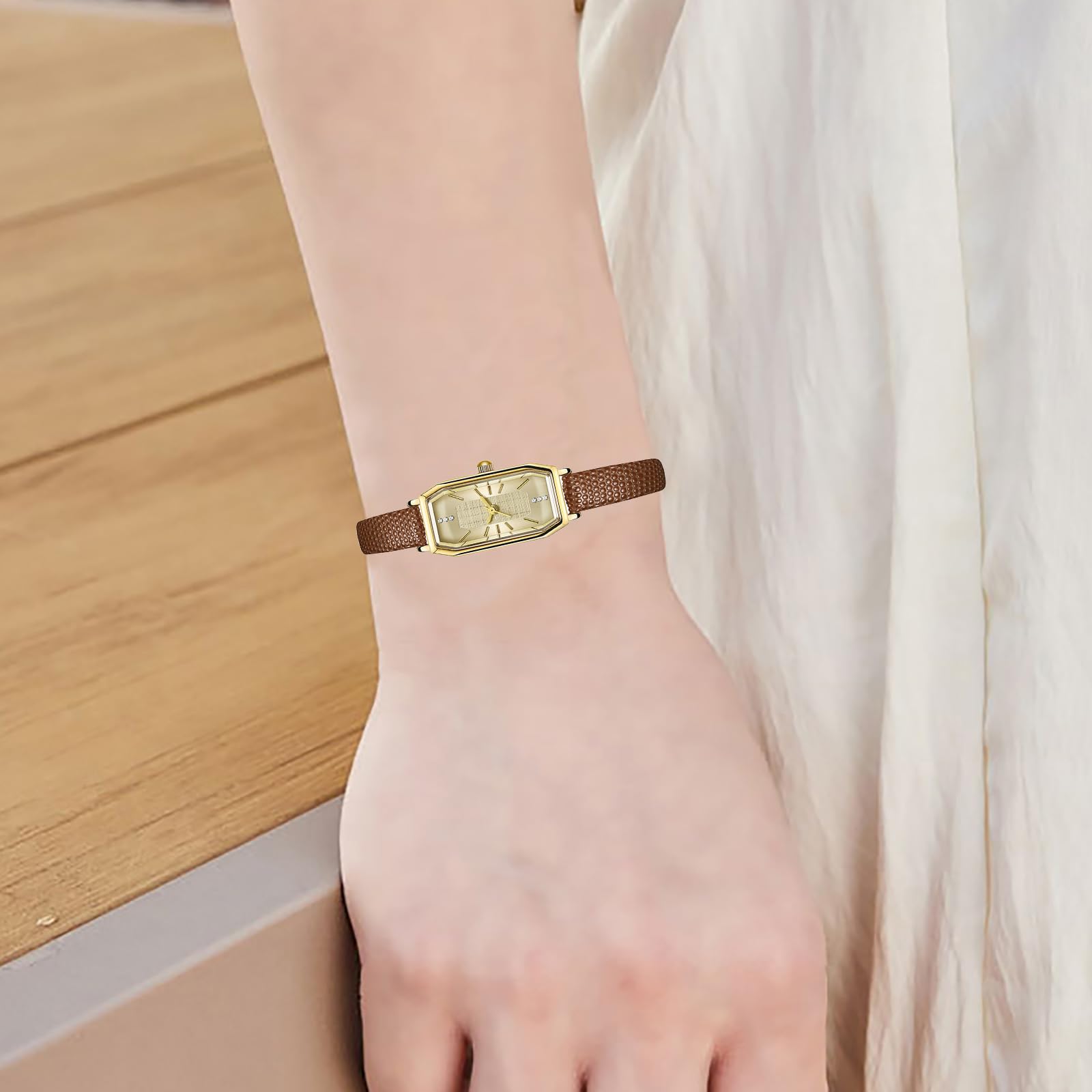 BESTKANG Vintage Dainty Watches for Women Rhinestone Rectangular Waterproof Ladies' Watch Leather Band Analog Quartz Women's Watch (Brown Gold)