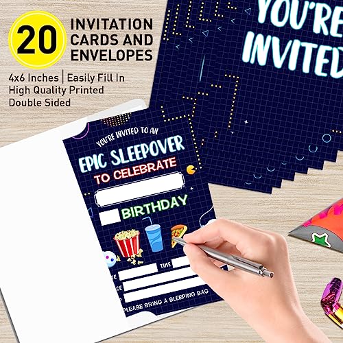 UDNADKEX Sleepover Birthday Invitations Girl with Envelopes, Invites for Girls Birthday Party Neon Moon Stars, Slumber Pajama Birthday Party Invitations Cards, 4"x6" Set of 20, Sleepover Party