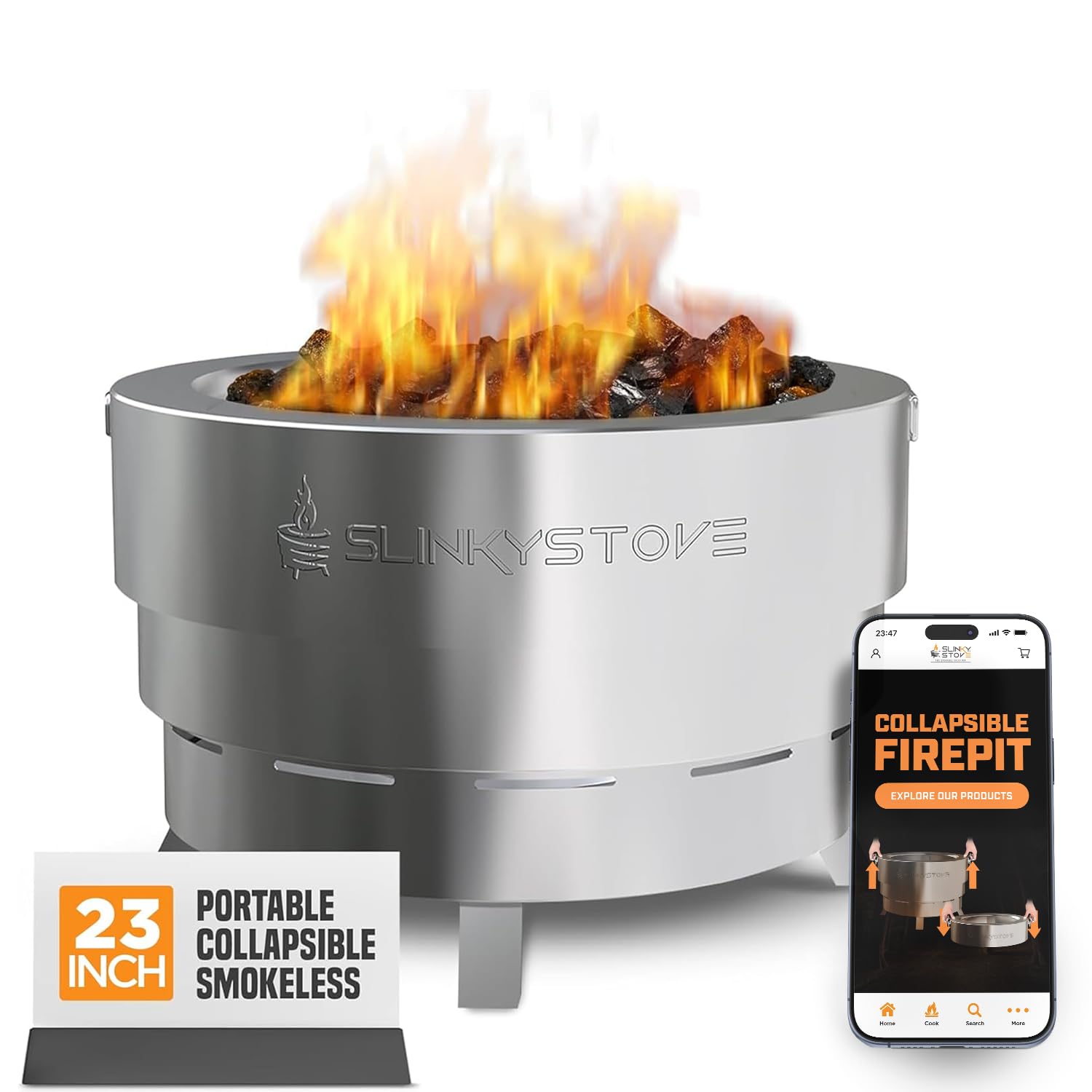 Slinky Stove Smokeless Fire Pit for Outdoor Wood-Burning - 23-Inch Patented Collapsible Firepit with Cooking Grill - Portable Stainless Steel Solo Pit for Camping, Backyard, Patio Bonfires