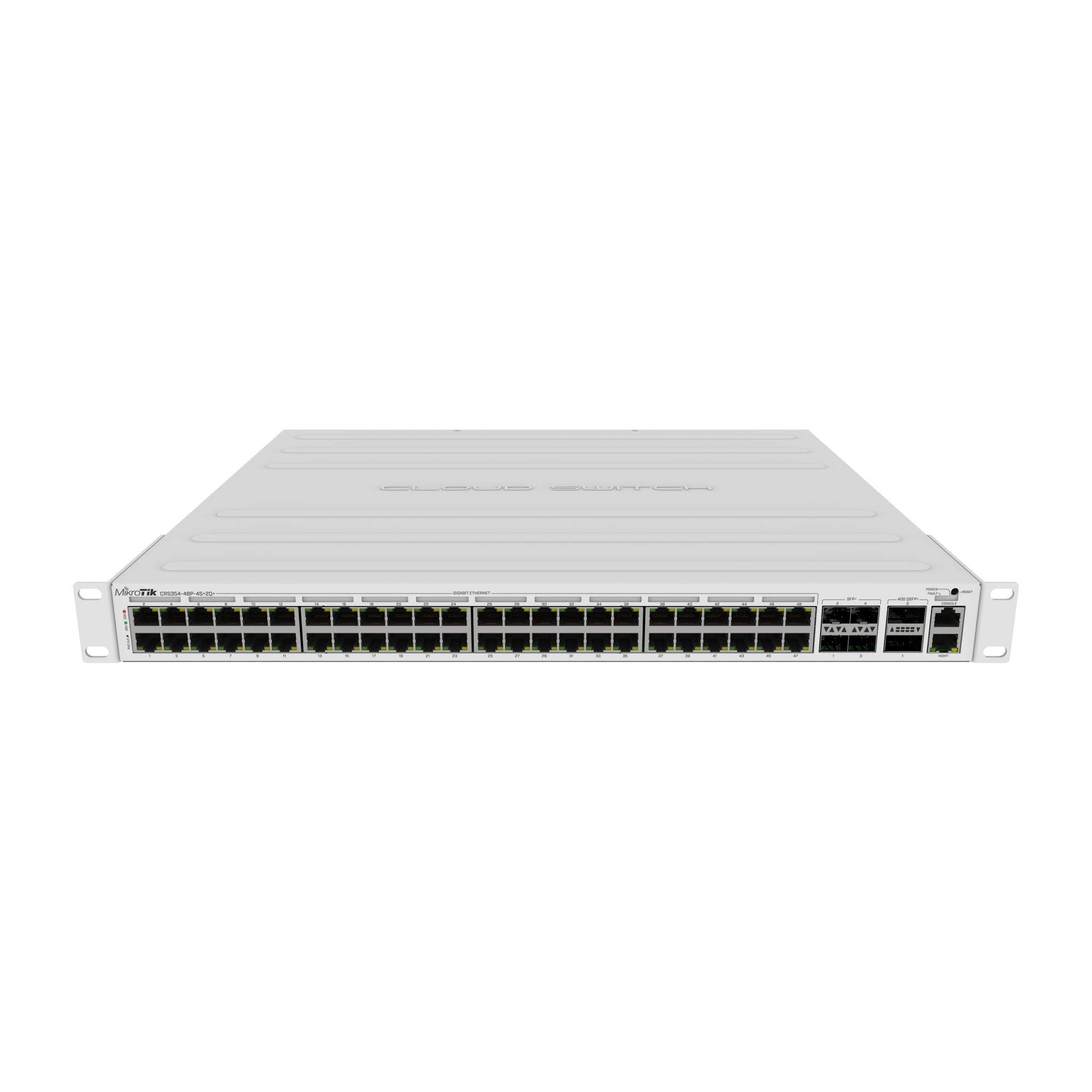 MikroTik CRS354-48P-4S+2Q+RM Switch has 48 x 1G RJ45 Ports and 4 x 10G SFP+ Ports. 2 x 40G QSFP+ Ports for Extremely Fast Fiber Connections or Linking with Other 40 Gbps Devices