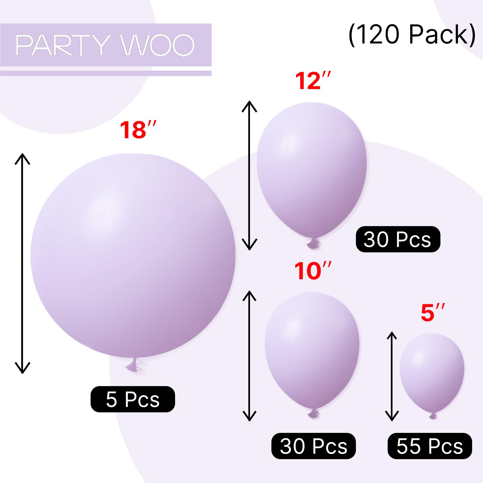 PartyWoo Pastel Purple Balloons 120 pcs Different Sizes Pack of 18 12 10 5 Inch Light Pastel Purple Lavender Lilac Balloon Arch Kit Garland for Baby Shower Birthday Party Decorations Purple-Q10