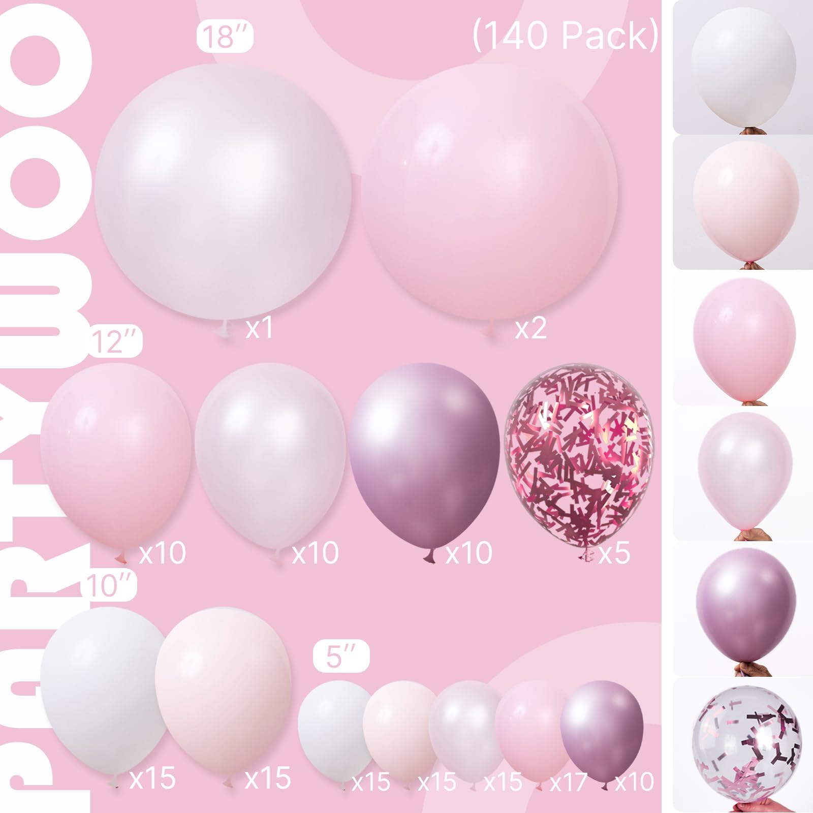 PartyWoo Light Pink Balloon Arch Kit Garland 142pcs Different Sizes of 18 12 10 5 Inch Baby Pastel Pale Pearl Metallic Pink White Clear Confetti Balloons for Baby Shower Birthday Party Decorations