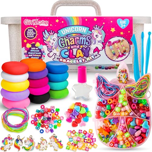 GirlZone Unicorn Charms and Clay Bracelet Kit, Bracelet Making Kit for Girls with Unicorn Charms, Air Dry Clay, Gift Idea & Charm Bracelet Making Kit