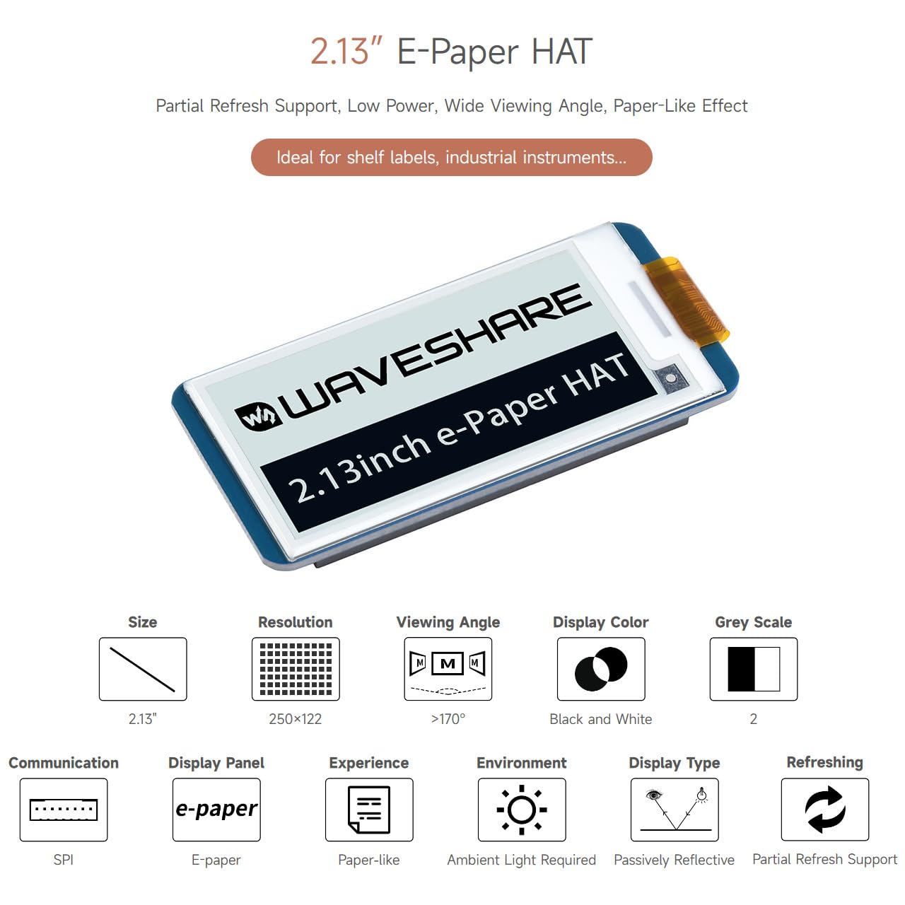 waveshare 2.13inch E-Ink Display HAT V4 Version Compatible with Raspberry Pi Raspberry Pi 5/4B/3B/Zero/Zero W/Zero 2W/Pico/Pico W/Pico WH, 250x122 Resolution SPI Interface Supports Partial Refresh