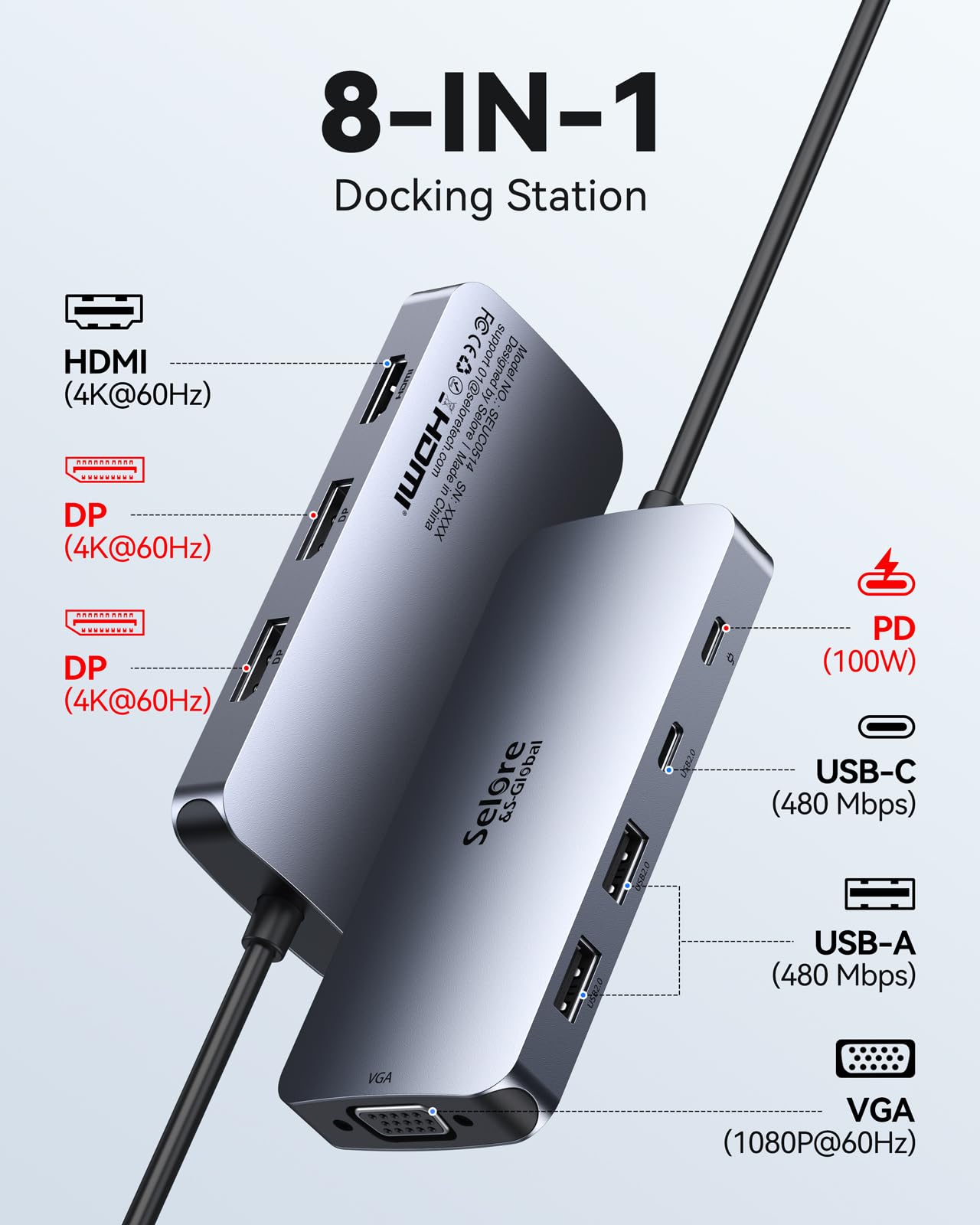 USB C Docking Station Dual Displayport Monitor, USB C Hub Displayport with 2 DP, HDMI, VGA, PD Charging, USB A&C 2.0 Ports Multi Monitors Adapter for Dell/HP/Lenovo, etc