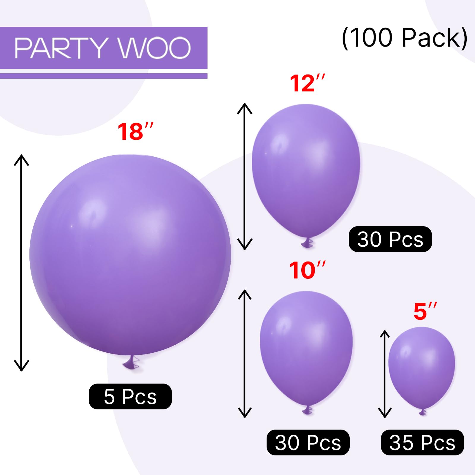 PartyWoo Purple Balloons, 100 pcs Purple Balloon Pack of 18 inch 12 inch 10 inch 5 inch for Purple Balloon Garland Arch Kit Purple Theme Party Birthday Wedding