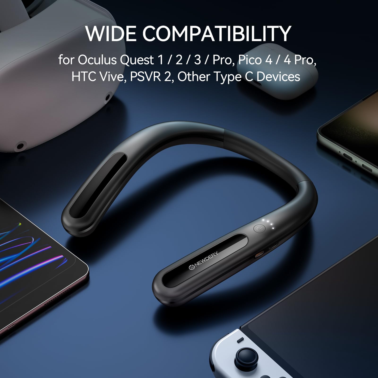NEWDERY Battery Pack for Meta Quest 3/2, 10000mAh Hanging Neck Power Bank for Extra 3-5H Playtime, PD Fast Charger for VR Oculus Quest 3/2 / 1 / Pro, Pico 4/4 Pro, HTC Vive, PSVR 2